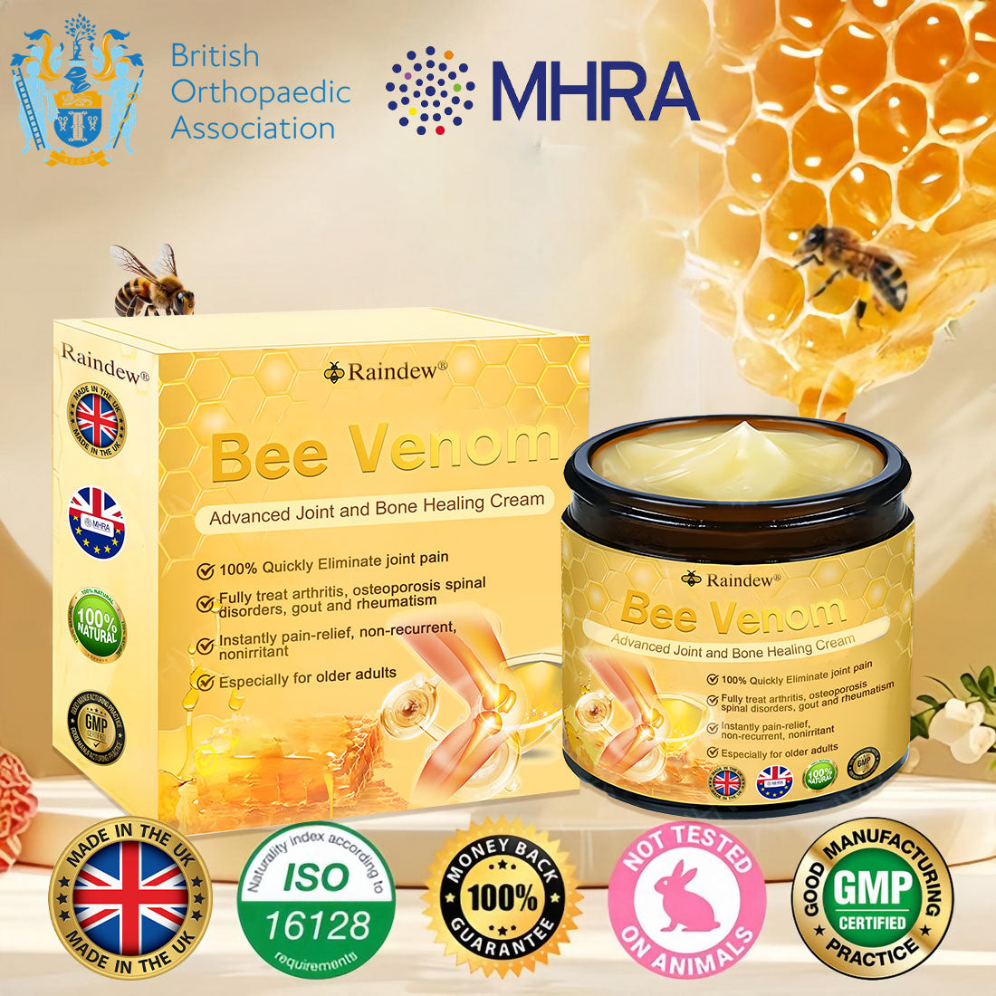 Raindew®Bee Venom Advanced Joint and Bone Healing Cream (👨‍⚕️Specifically developed for middle-aged and older adults)